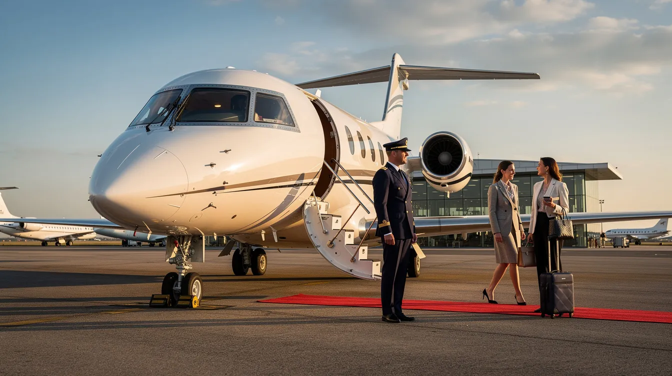 The image showcases a luxurious private jet parked on a runway, symbolizing the world of private aviation and private jet charters. With a clear blue sky in the background, it highlights the elegance and efficiency of private aircraft, catering to clients seeking reliable travel options.