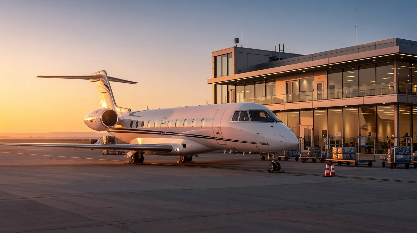 A sleek private jet is parked beside a quiet private terminal, bathed in the warm glow of sunrise, symbolizing the luxury and convenience of private jet travel. The serene atmosphere highlights the exclusivity of private jet charter services, offering discerning travelers a peaceful start to their journey.