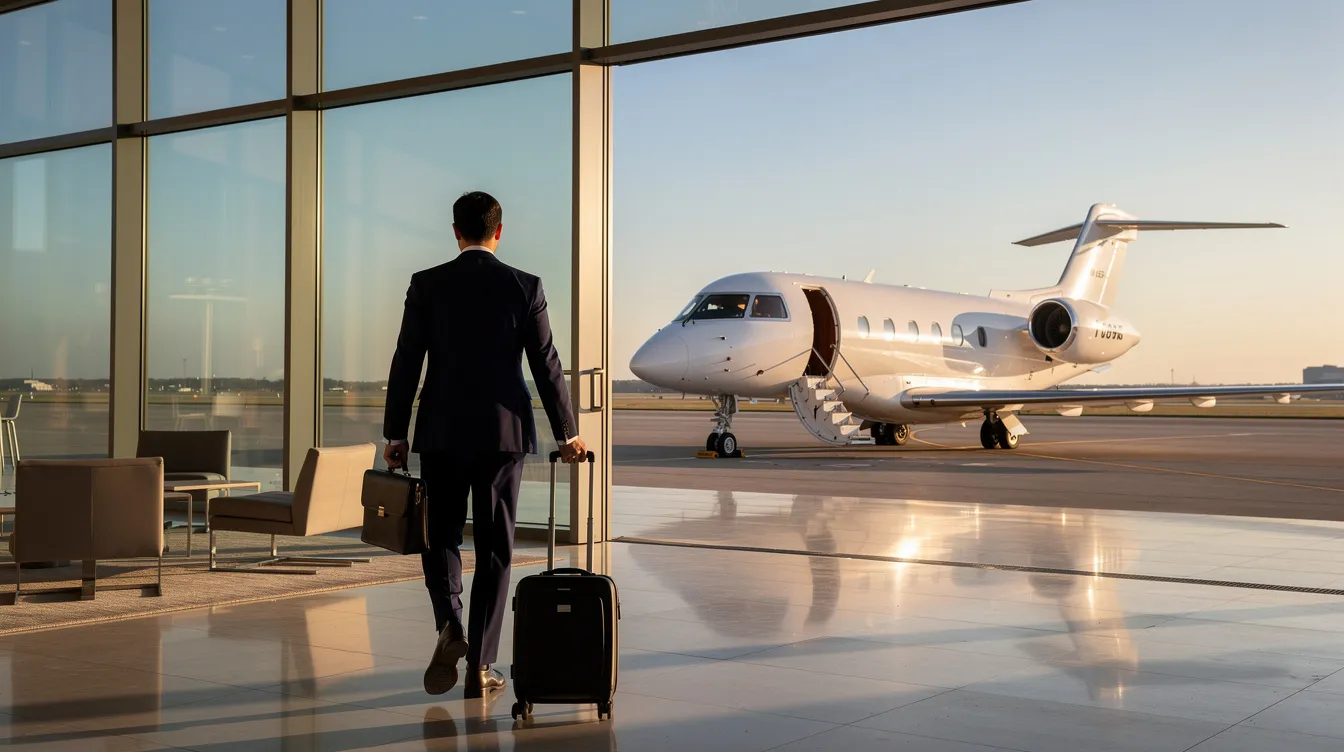 A business traveler is seen walking confidently toward a private jet parked outside a quiet terminal, highlighting the convenience of private jet travel. The scene emphasizes the exclusivity and personalized service associated with private jet charter flights, offering a seamless experience for discerning travelers.