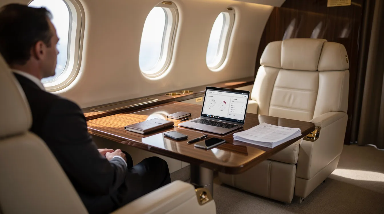 The image depicts a serene private jet cabin featuring plush, comfortable seating and a well-organized table with work materials, ideal for business or leisure travel. This luxurious environment exemplifies the personalized service and advanced technology offered by private jet charter services.
