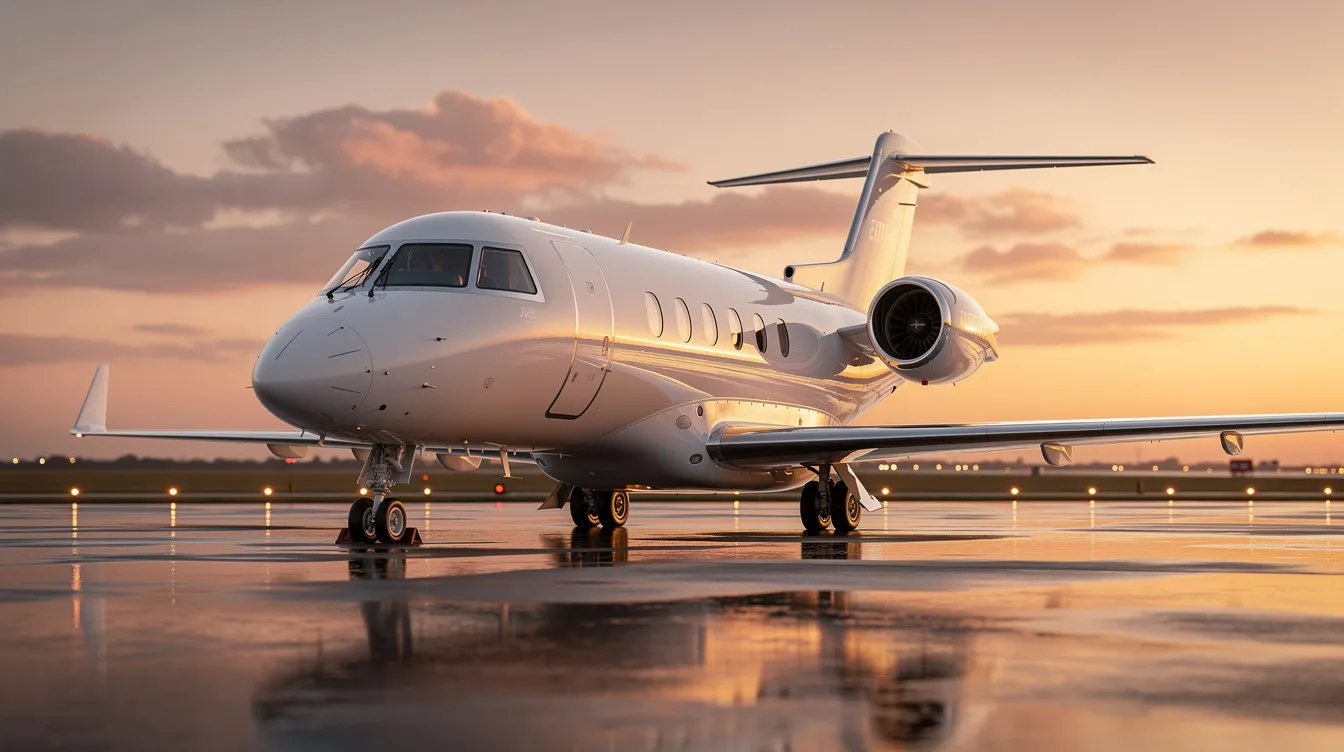 A sleek private jet is showcased against a clear blue sky, symbolizing the luxury of private aviation and the convenience of private jet travel. This image represents the premium service offered by private jet operators, catering to both business and personal travel needs.