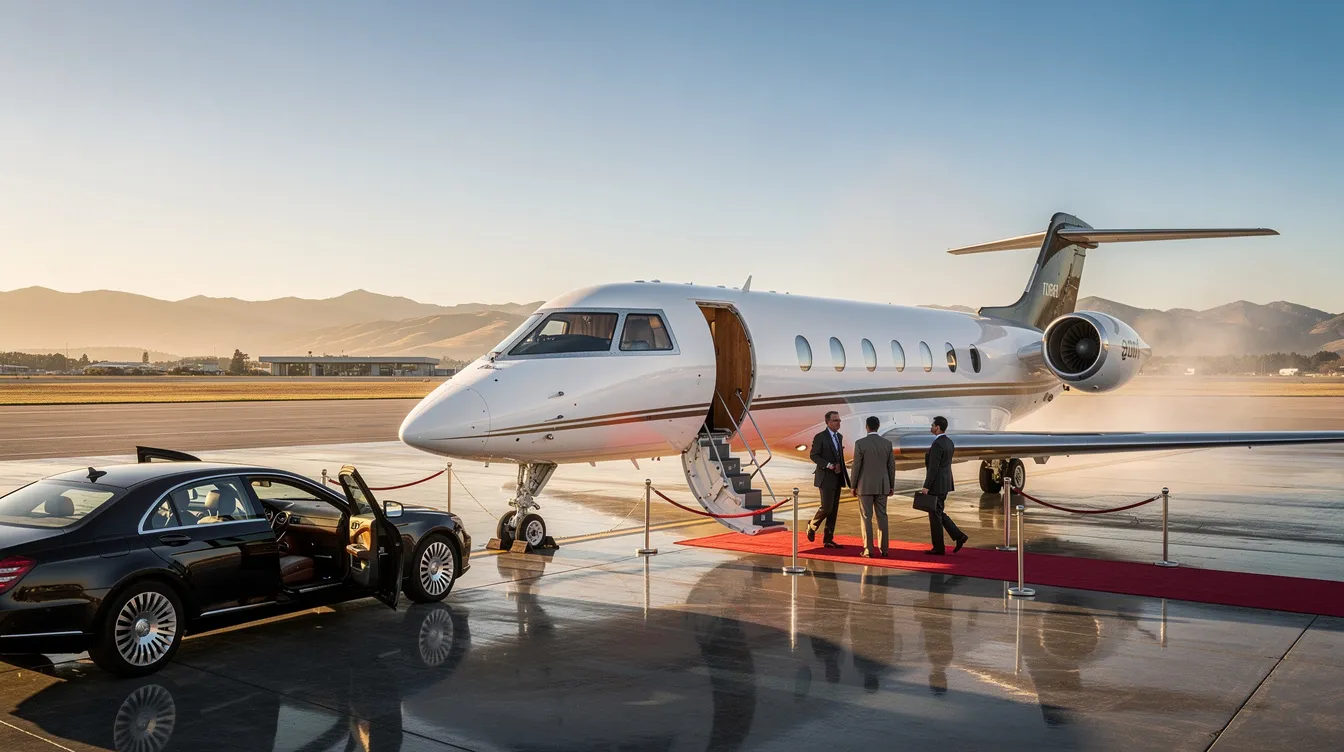 The image depicts a luxurious private jet soaring through a clear blue sky, symbolizing the essence of private aviation and personalized service. This scene captures the allure of private jet travel, highlighting the convenience and exclusivity of flying private for both business and leisure.