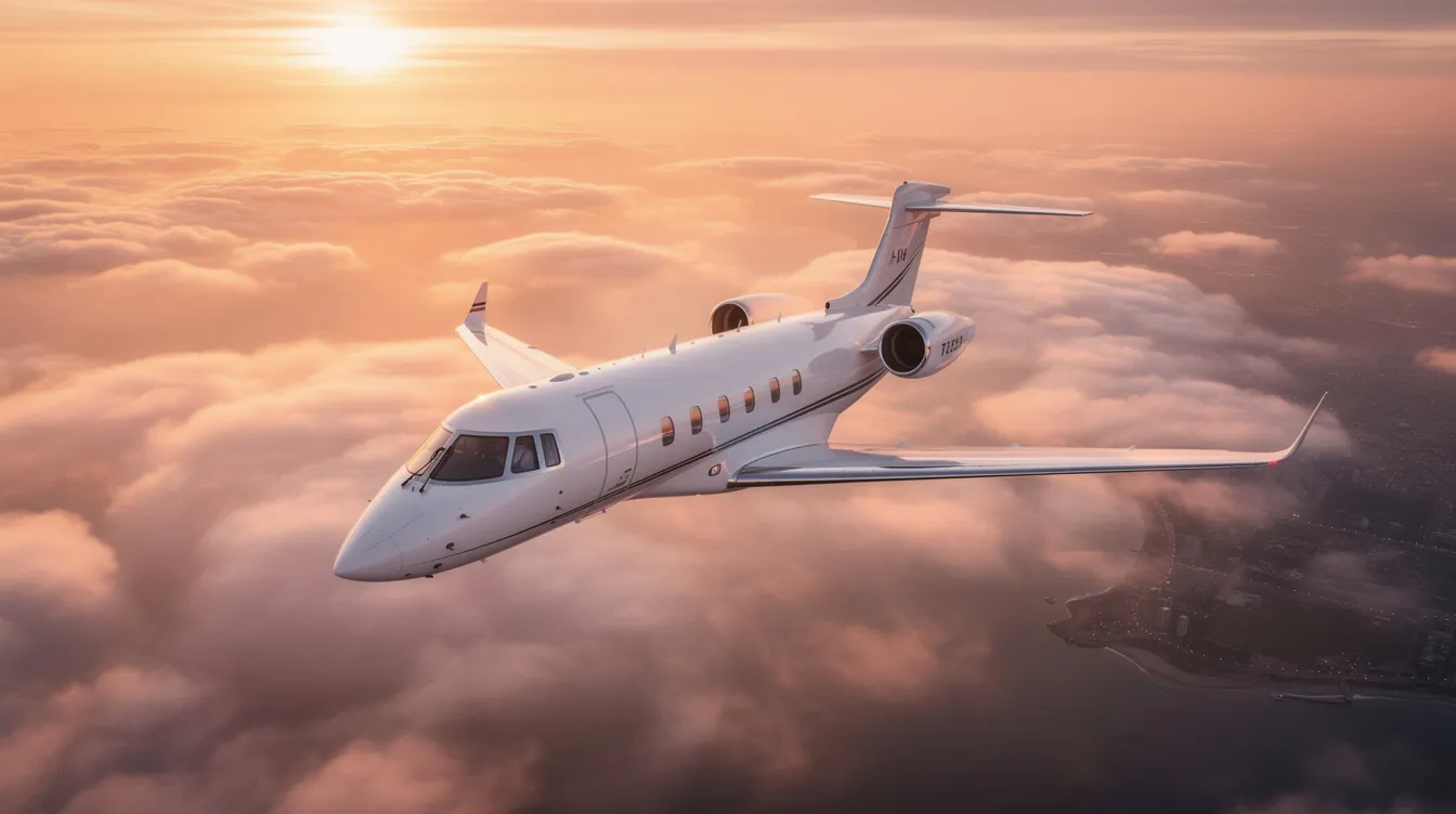 The image depicts a luxurious private jet parked on a tarmac, symbolizing the world of private aviation and premium service. It highlights the convenience of private jet travel, offering personalized experiences and flexible options for business and personal journeys.