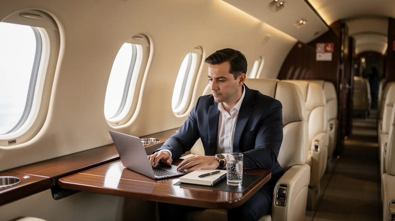 An executive is seated in the cabin of a private jet, working quietly on a laptop, surrounded by luxurious leather seating and modern amenities. This serene environment highlights the exclusive benefits of private aviation, offering a comfortable space for business while flying privately.