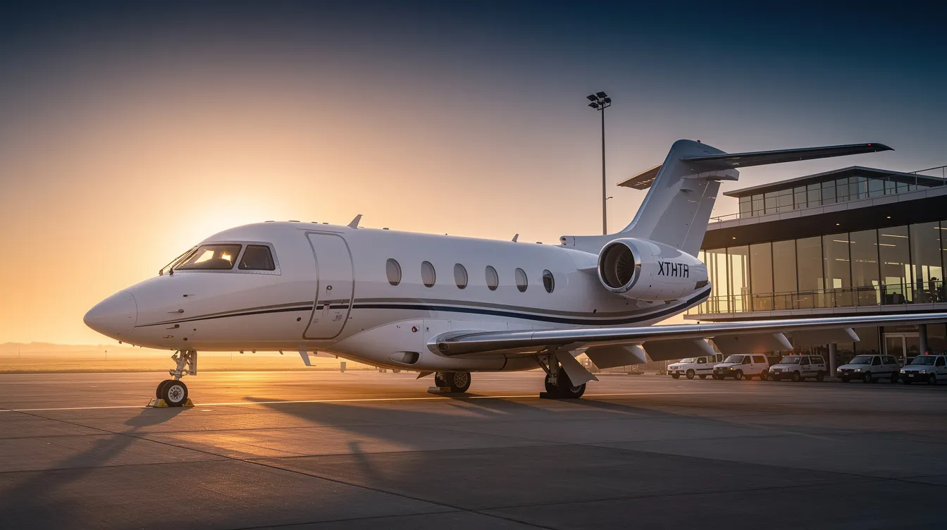 A private jet is parked near a serene executive terminal, bathed in the warm light of sunrise. This scene captures the essence of private aviation, highlighting the exclusivity and convenience of private jet membership programs for travelers seeking a luxurious journey.