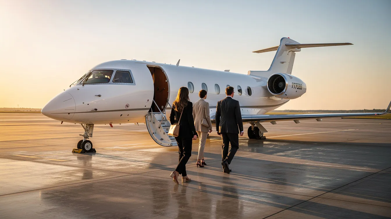 A small group of passengers is walking toward a private jet on a calm ramp, showcasing the convenience and exclusivity of private aviation. The scene reflects the luxury travel experience associated with private flights and membership programs, emphasizing the ease of access to a modern fleet of aircraft.