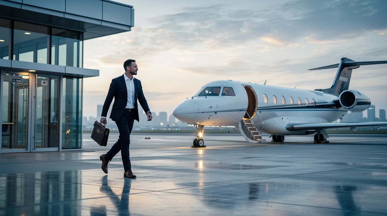 An executive is stepping from a private terminal onto a quiet ramp, heading towards a sleek business jet, highlighting the luxury and convenience of private jet travel. This scene captures the essence of private aviation, where discerning travelers enjoy personalized service and flexible scheduling for their charter flights.