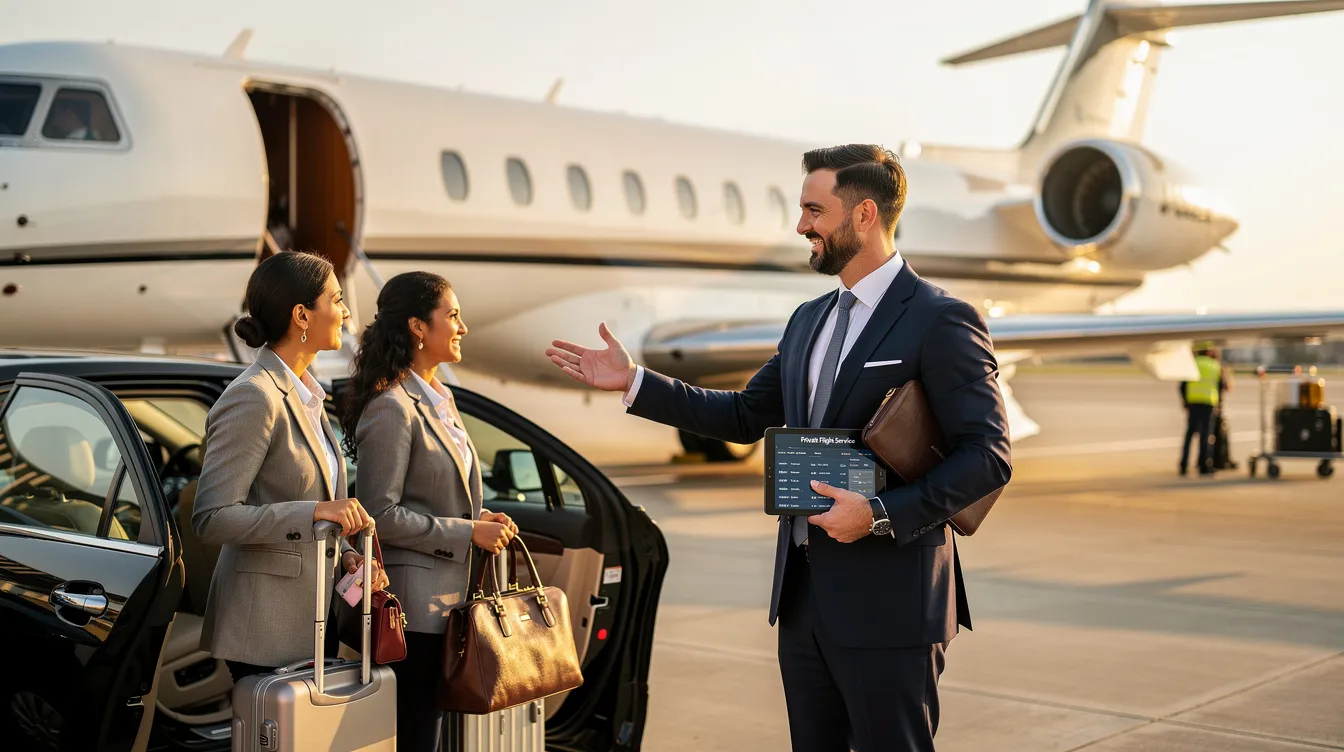 A private aviation concierge warmly greets travelers next to a sleek parked private jet, ready to assist with their private jet travel needs. The scene highlights the personalized service and convenience of private jet charter services, ensuring a seamless travel experience for discerning travelers.
