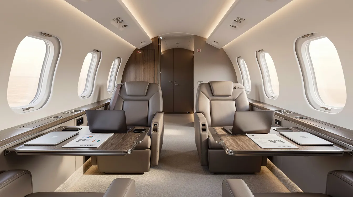The image depicts a modern business jet cabin designed for private air travel, featuring sleek work surfaces and bathed in calm natural light, creating a serene environment for discerning travelers. This luxurious space exemplifies the comfort and functionality of private jet charter services, ideal for both work and leisure.