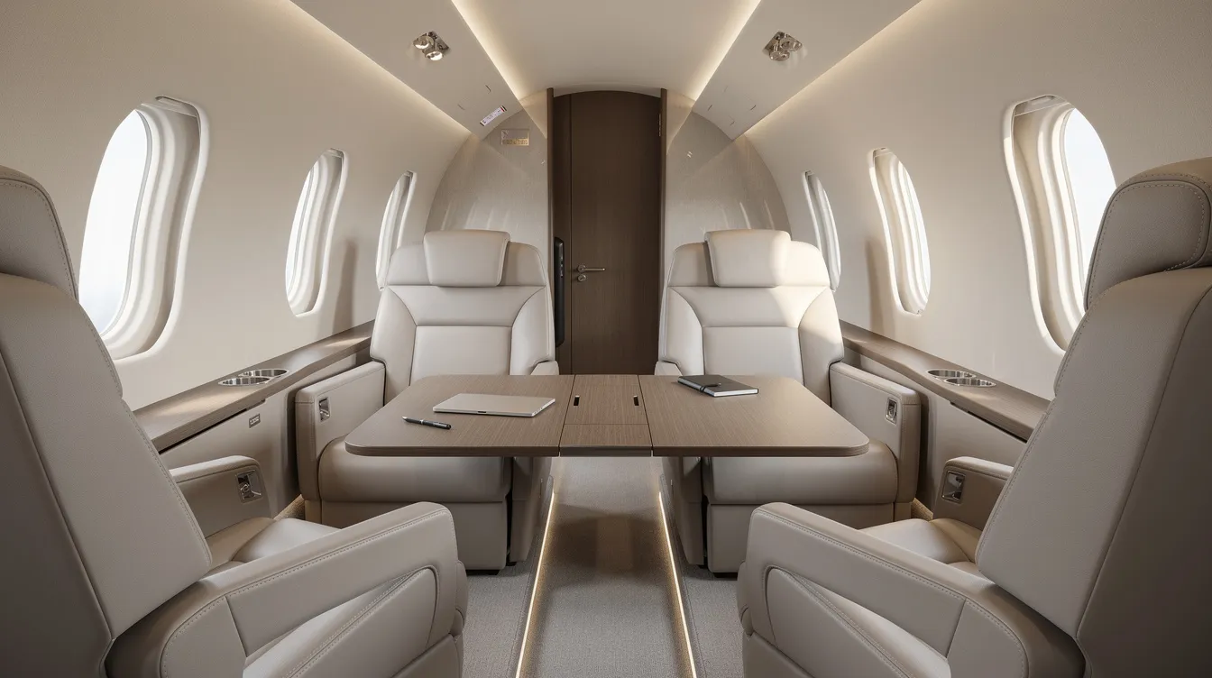The image depicts a spacious business jet cabin featuring neutral-toned seating and a table, illuminated by natural light streaming through large windows. This inviting environment is designed for comfort and productivity, ideal for discerning travelers seeking a premium private jet travel experience.
