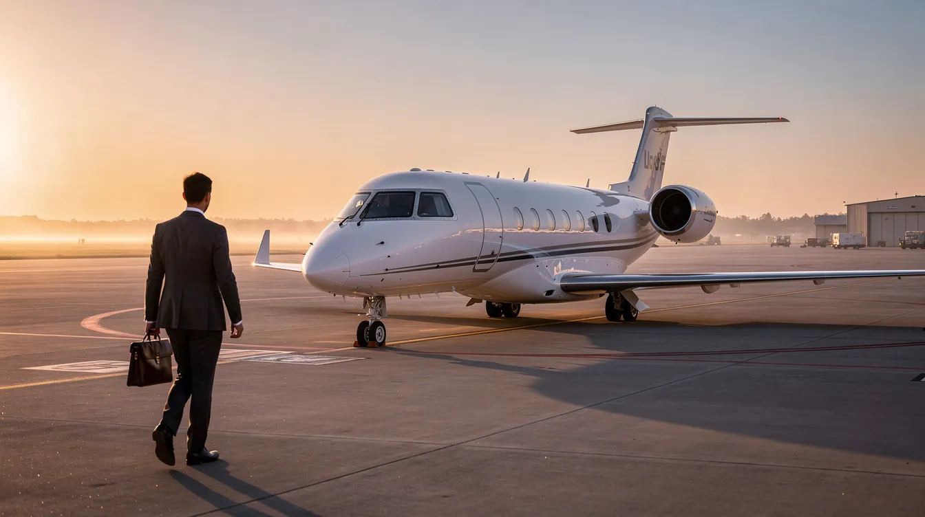 A business traveler walks toward a sleek private jet parked on a quiet airport apron at sunrise, highlighting the allure of private jet travel. The scene captures the essence of luxury and convenience in aviation, perfect for discerning travelers seeking personalized service and seamless journeys.
