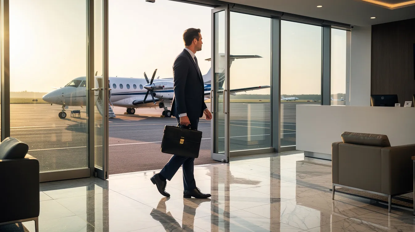 An executive is stepping into a private aviation terminal, with a small aircraft visible outside, highlighting the convenience of private jet travel for discerning travelers. The scene captures the essence of luxury and personalized service in the aviation industry.