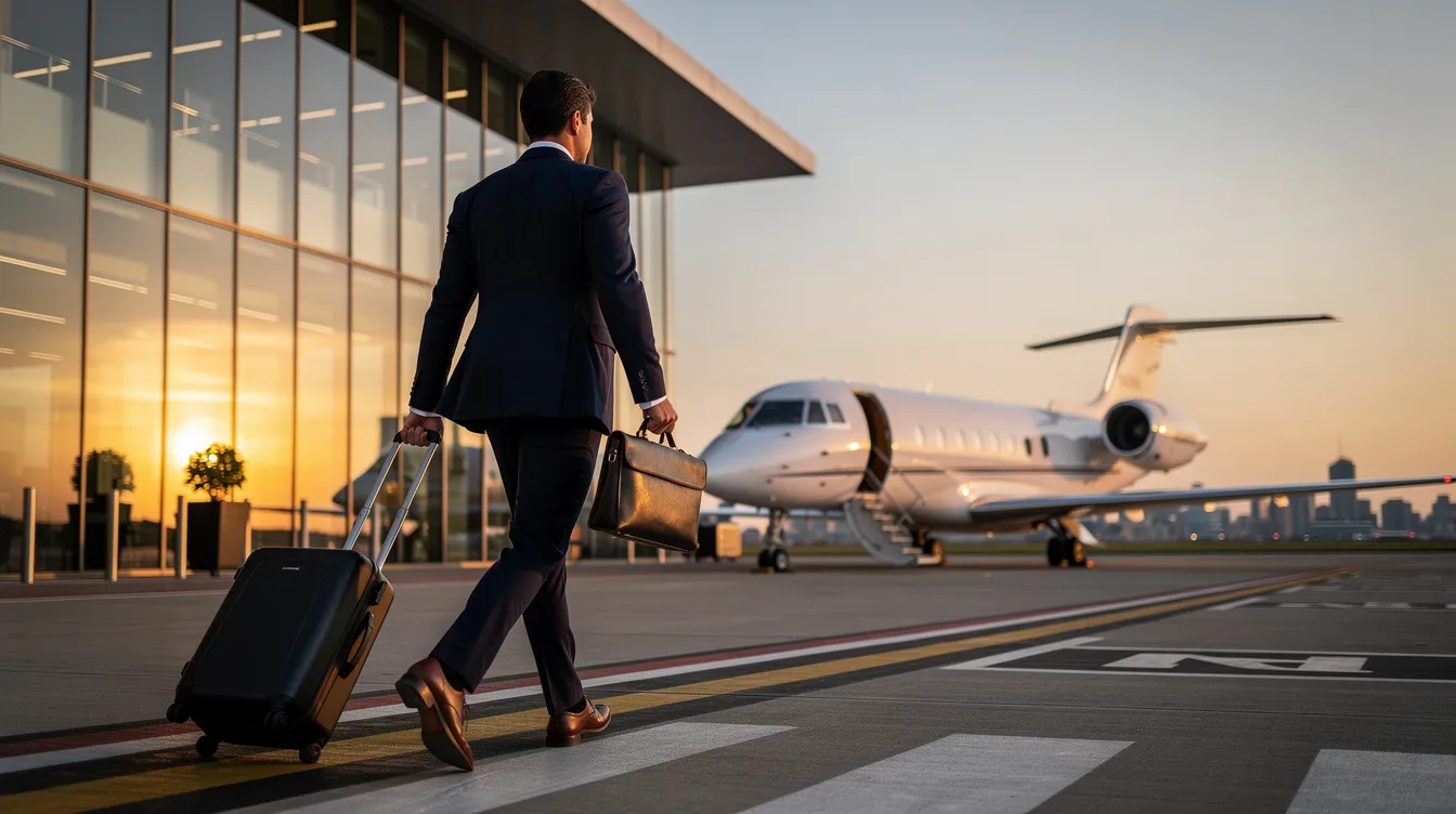 A business traveler is stepping out of a private terminal towards a waiting private jet, ready for their next trip. This scene highlights the convenience and luxury of private aviation, emphasizing personalized service and the accessibility of private jet charter services.