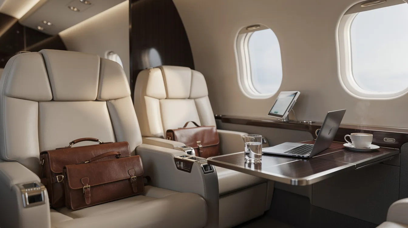 The image depicts the luxurious interior of a private jet cabin, featuring plush leather seats arranged in a way that promotes a calm business travel atmosphere. This private air travel setting is designed for discerning travelers, offering unmatched comfort and a sophisticated environment for work or relaxation.