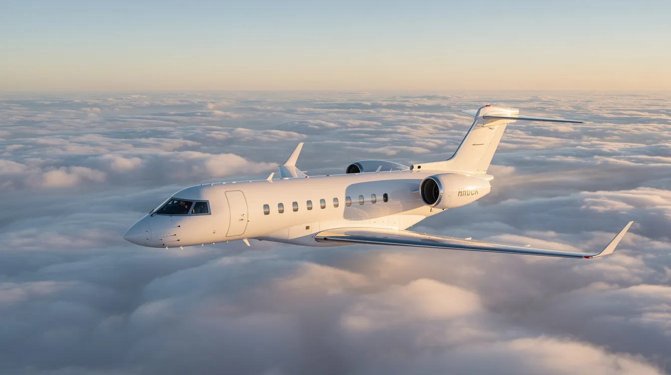 A private jet soars gracefully above a sea of fluffy white clouds during a clear morning flight, showcasing the luxury and freedom of private air travel. The scene captures the essence of private jet charter services, emphasizing the unmatched comfort and personalized service that discerning travelers enjoy.