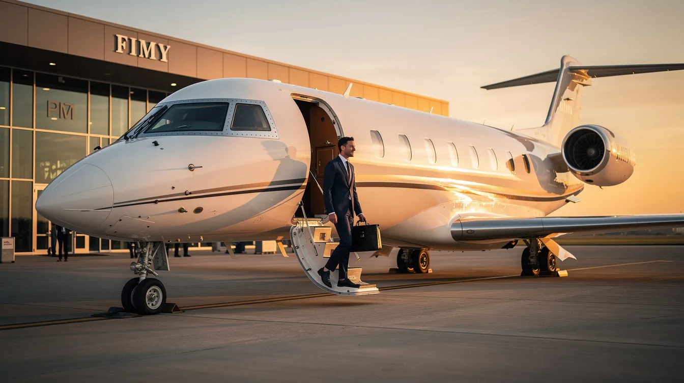 An executive is seen boarding a sleek private jet at a serene private terminal, highlighting the luxury and convenience of private jet travel. This image captures the essence of private aviation, showcasing the personalized service and comfort that comes with private jet charter services.
