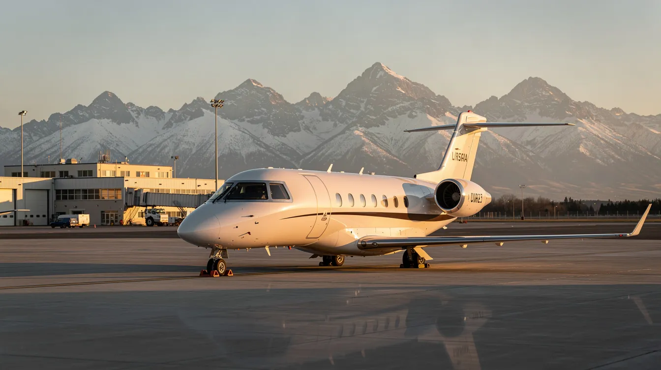 The image depicts a serene regional airport ramp featuring a small private jet, with majestic mountains visible in the background. This setting highlights the exclusive and comfortable experience of private jet travel, ideal for discerning travelers seeking a quieter alternative to commercial flights.