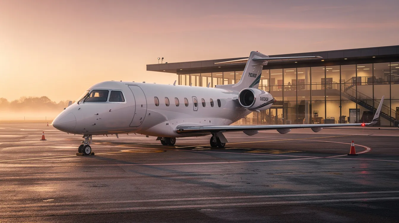A small private jet is parked near a quiet private terminal, bathed in the warm glow of sunrise, suggesting an exclusive and comfortable experience for travelers. This serene setting highlights the appeal of private jet travel, offering personalized service and access to smaller airports away from the hustle of commercial flights.