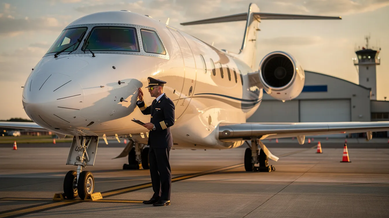 A pilot is carefully inspecting the exterior of a private jet before departure, ensuring everything is in order for a safe flight. This scene highlights the attention to detail and personalized service associated with private jet travel, offering an exclusive and comfortable experience for passengers.