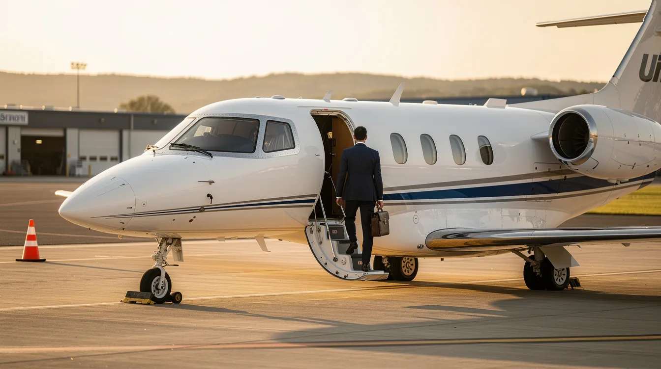 An executive is seen boarding a small private jet at a regional airport, ready for a private flight. The scene captures the convenience of private jet travel, highlighting the ease of access to charter flights for business or leisure.
