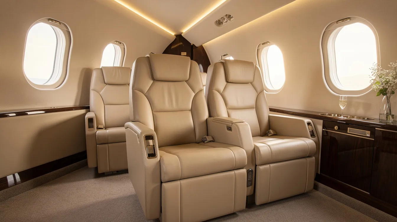 The image depicts a luxurious private jet cabin featuring executive seating arranged for comfort, illuminated by soft natural light streaming through large windows. This inviting space exemplifies the elegance and comfort associated with private jet travel, ideal for both business and leisure trips.