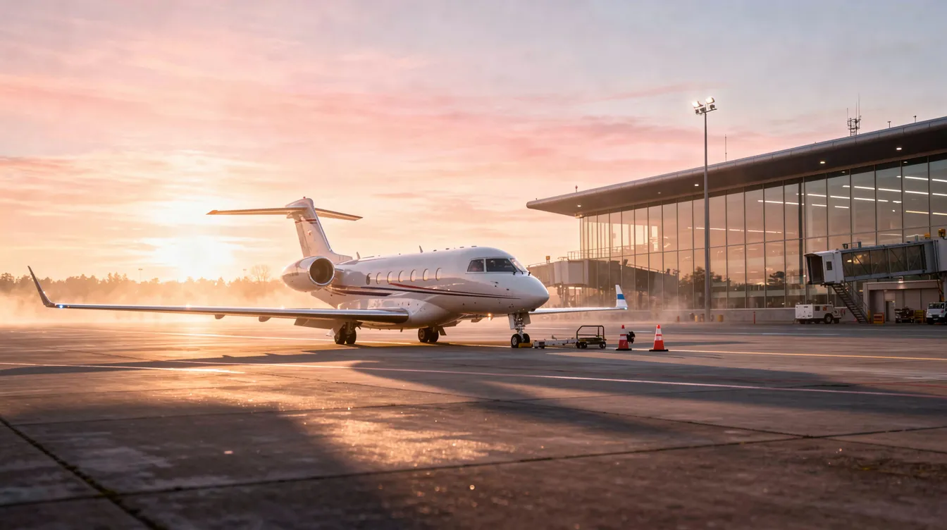 A private jet is parked near a quiet terminal, bathed in the warm glow of sunrise, highlighting its sleek design. This scene exemplifies the luxury of private jet travel, perfect for those seeking a seamless flying experience away from commercial flights.