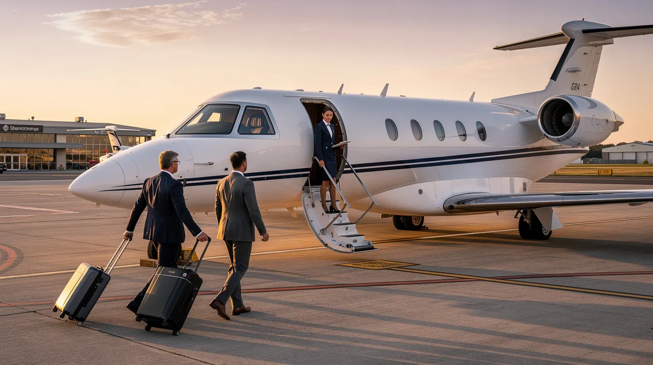A group of executive travelers is boarding a light jet at a regional airport, preparing for a private flight. The aircraft features a spacious cabin and advanced safety systems, including a Cirrus airframe parachute system, ensuring a comfortable and secure journey.