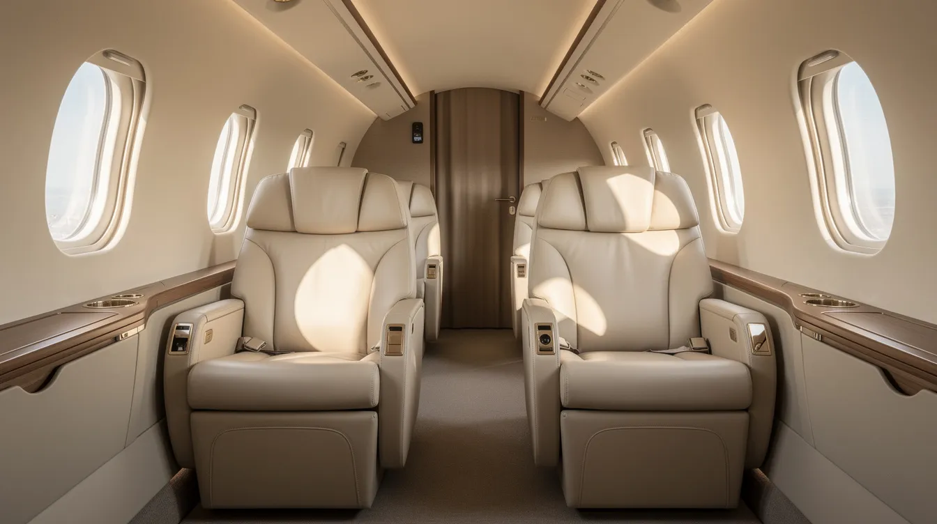 The image depicts a luxurious private jet cabin featuring plush leather seats bathed in soft daylight streaming through large windows, creating a warm and inviting atmosphere for passengers. This spacious interior is designed for comfort and efficiency, ideal for business flights or personal journeys.
