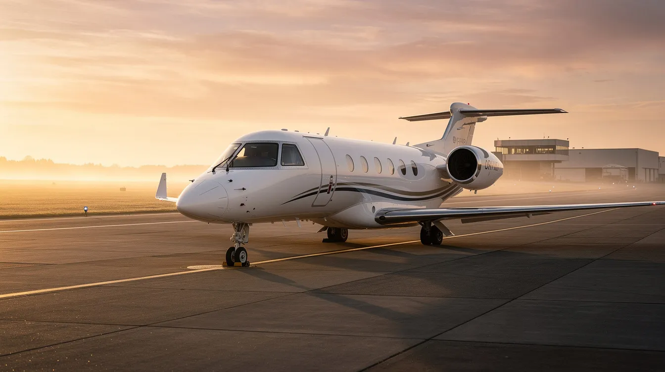 A modern compact private jet, featuring a sleek design and spacious cabin, is parked beside a quiet regional runway at sunrise, highlighting its role as a light jet suitable for business travel. The serene morning sky serves as a backdrop, emphasizing the jet's capabilities and efficiency for private flights.