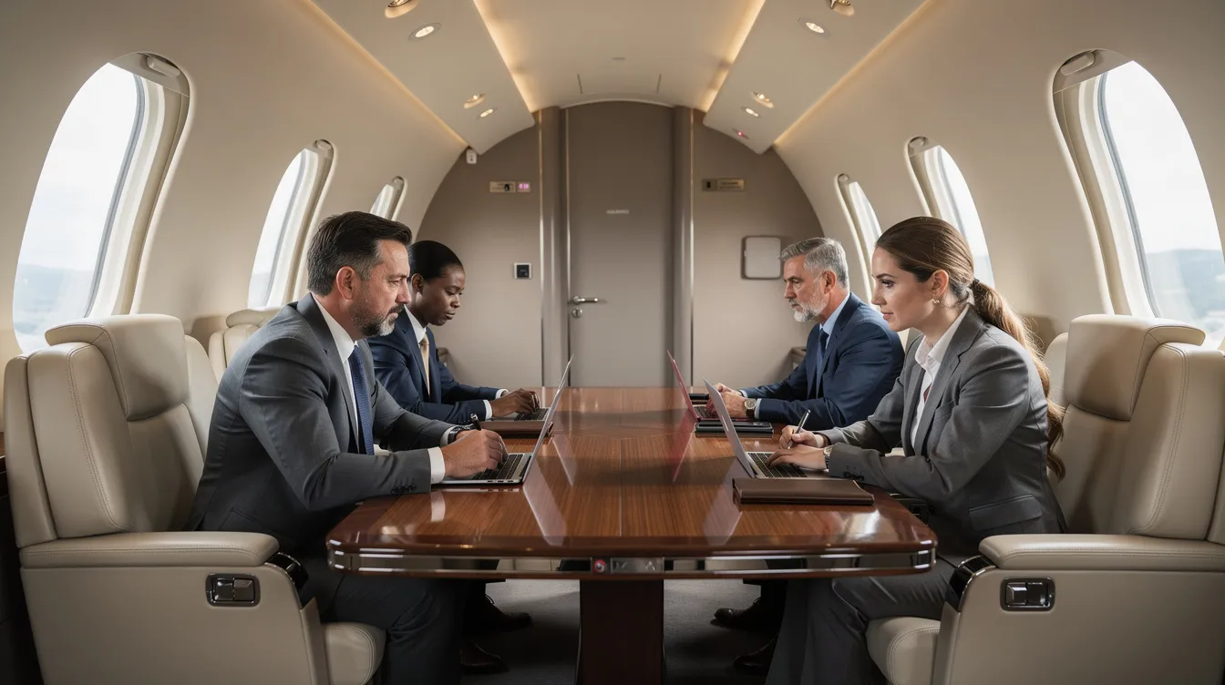 The image depicts a quiet private jet cabin where business travelers are seated around a table, engaging in discussion. This luxurious setting highlights the comfort and exclusivity of private jet travel, ideal for corporate flights and private jet charter services.
