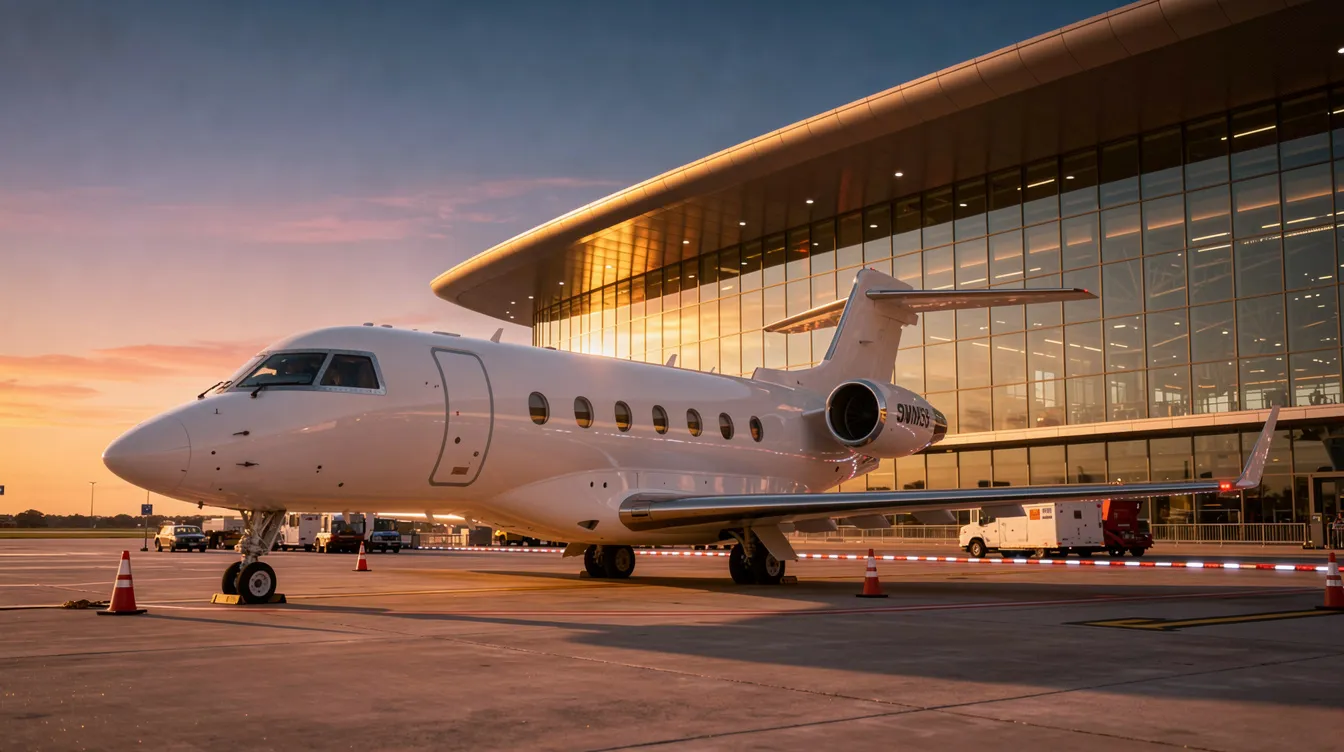 A private jet is parked near a modern terminal, bathed in the warm light of sunrise, showcasing the elegance of private aviation. This scene represents the luxurious experience of private jet travel, perfect for business executives and flexible travelers seeking charter options.