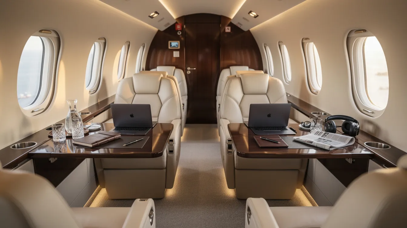 The image depicts a luxurious private jet cabin, meticulously arranged for a quiet business flight, featuring plush seating and elegant decor to enhance the travel experience for discerning travelers. This private jet charter offers personalized service and a comfortable atmosphere, ideal for productive journeys.