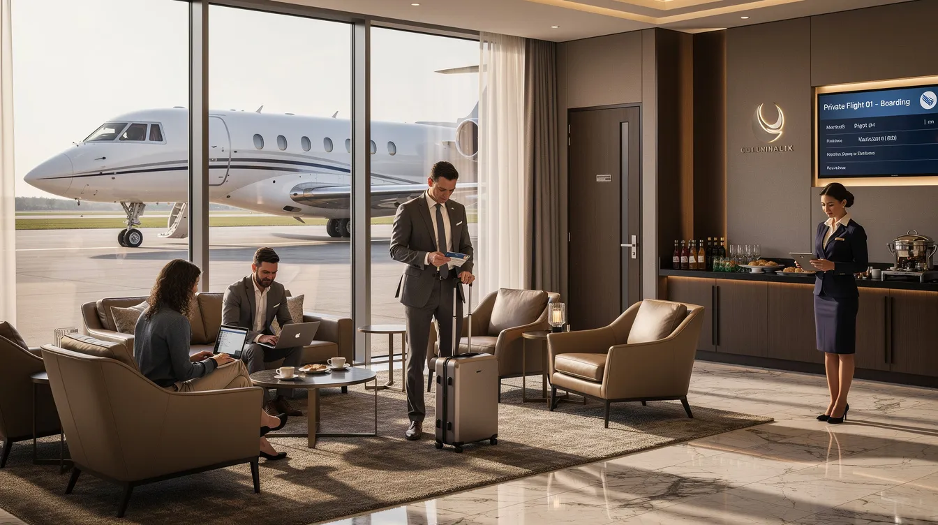 The image depicts a luxurious private aviation lounge where discerning travelers are preparing to board their private jet for an upcoming trip. The modern setting highlights personalized service and comfortable seating, emphasizing the exclusive experience of private jet travel.