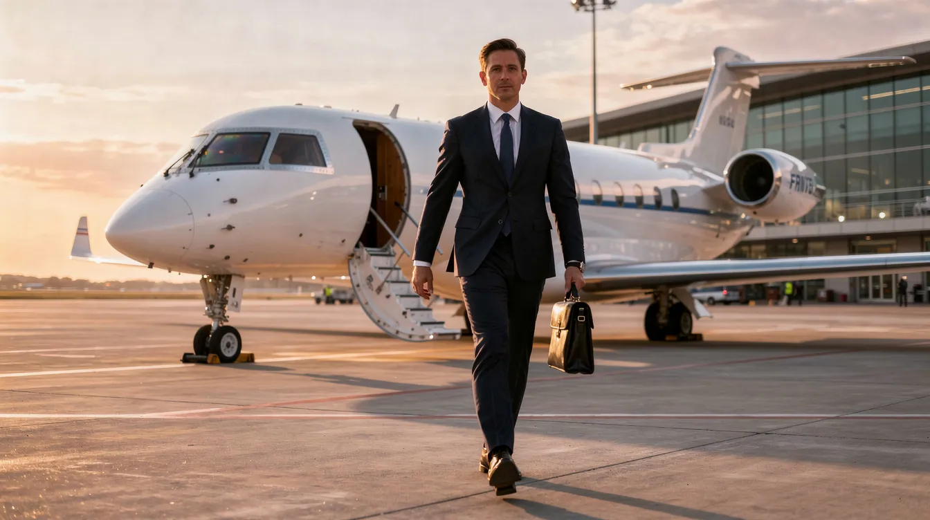 An executive confidently walks toward a sleek private jet parked at a quiet airport terminal, embodying the luxury and convenience of private jet travel. The scene captures the essence of personalized service and flexible scheduling offered by private aviation operators, catering to discerning travelers seeking efficient and comfortable journeys.