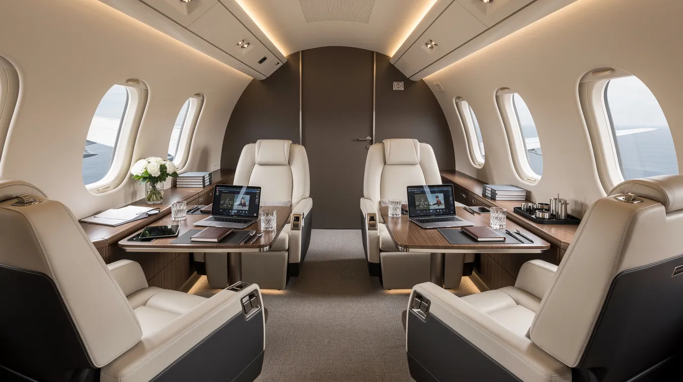 The image depicts a modern private jet cabin designed for business travelers, featuring plush seating, advanced technology, and a spacious layout that caters to the needs of private jet travelers. This luxurious interior allows for a comfortable and productive environment, ideal for conducting business while flying private.