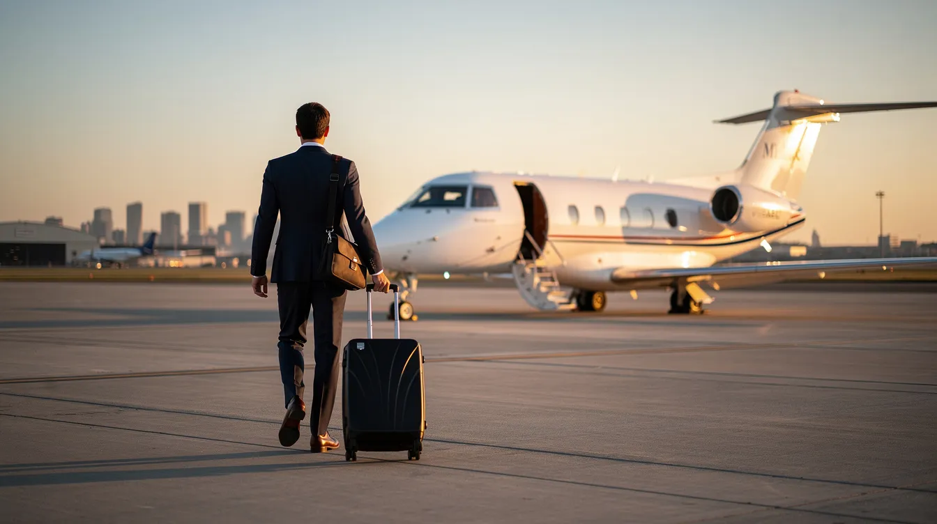 A business traveler confidently walks toward a private aircraft on a quiet ramp, highlighting the exclusive experience of private jet travel. This scene captures the essence of private jet charter services, providing access to a luxurious and efficient way to meet travel needs without the hassles of crowded terminals.