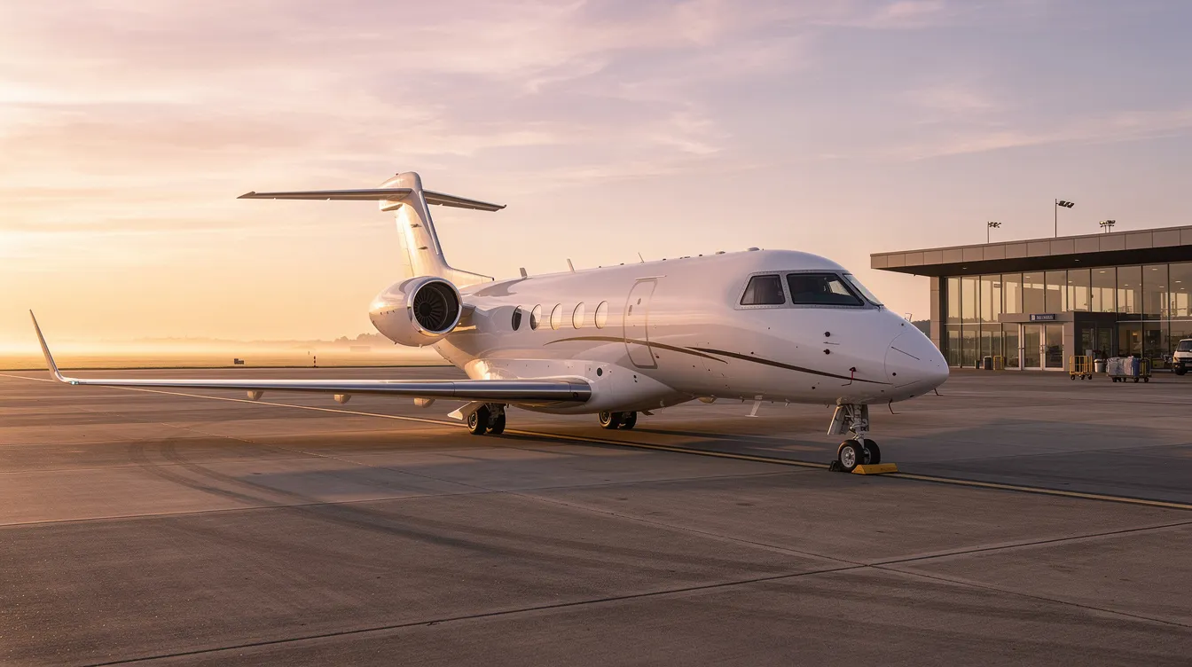 A private jet is parked near a quiet terminal, bathed in the warm glow of sunrise, symbolizing the luxury and convenience of private jet travel. This serene scene reflects the growing demand for private flights and charter options, catering to business executives and frequent flyers seeking a personalized travel experience.