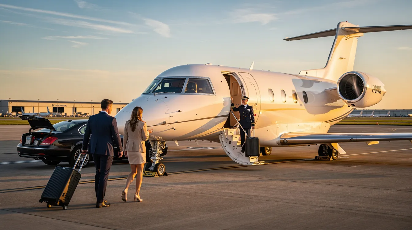 An image depicting the concept of renting a private plane, showcasing a sleek private jet on the tarmac, ready for takeoff. The scene emphasizes the luxury and convenience of private jet travel, highlighting the benefits of private jet charter services for discerning travelers.