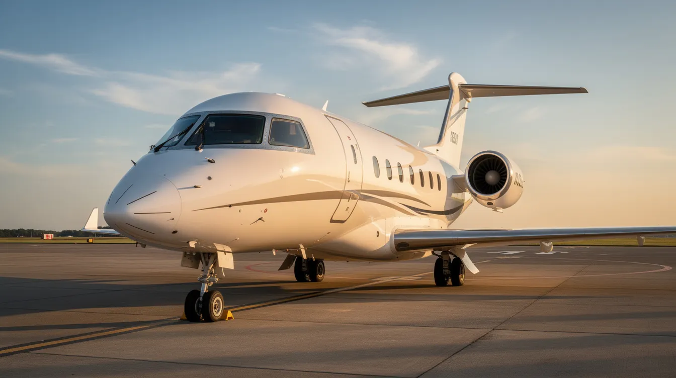 The image features a sleek private jet parked on a tarmac, showcasing its modern design and luxurious features, ideal for private jet travel. This private plane represents the epitome of private jet charter services, offering discerning travelers the comfort and convenience of flying private.