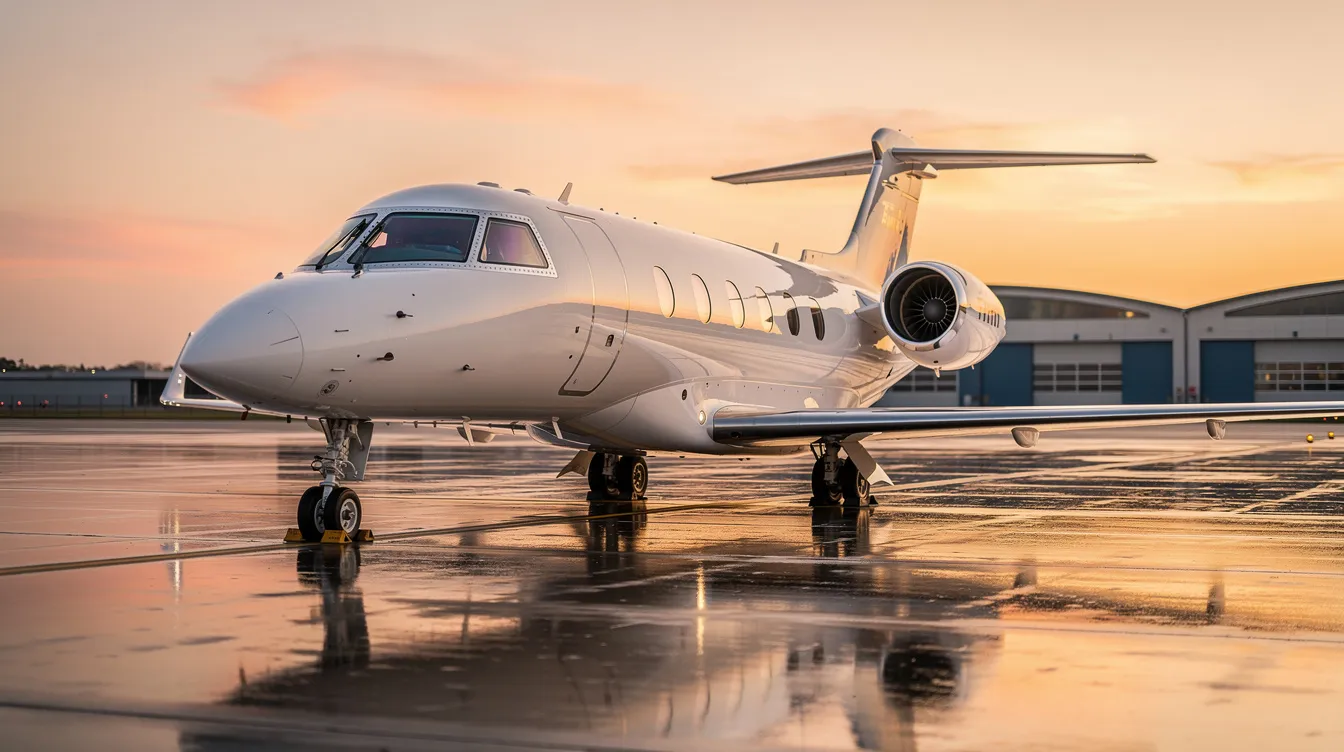 The image showcases a sleek private jet parked on a tarmac, highlighting the luxurious design typical of private aviation. This private jet represents the ultimate in private jet travel, offering discerning travelers an option for charter flights with personalized service and flexible scheduling.