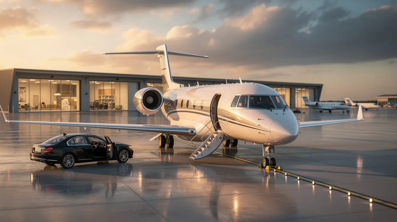 The image depicts a luxurious private jet parked at a regional airport, showcasing the sleek design and spacious cabin typical of private aviation. This aircraft represents the convenience and comfort of private jet travel, allowing for direct flights to various European destinations without the hassle of long security lines commonly found in commercial flights.