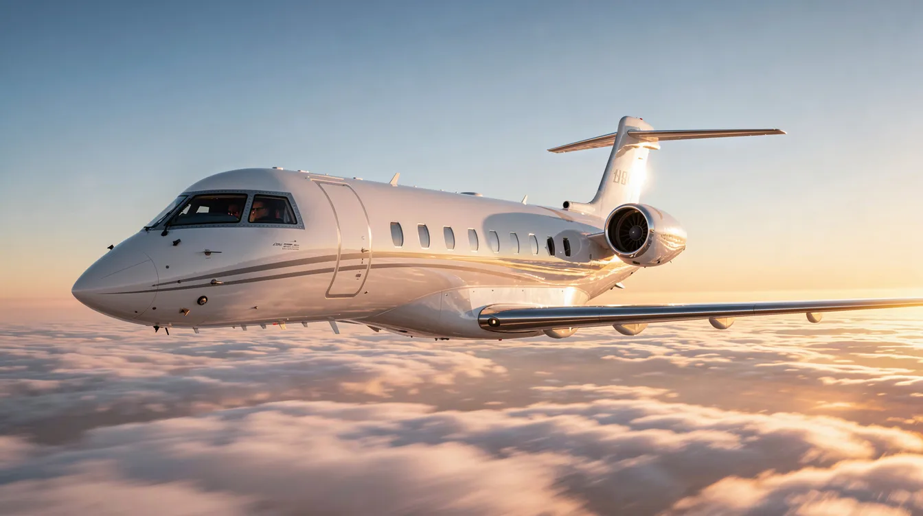 An image depicting a sleek private jet parked at a modern airport, showcasing the luxury and convenience of private jet travel. This aircraft represents the world of private aviation, where travelers can enjoy direct flights to their final destination without the hassle of long security lines typically found in commercial flights.