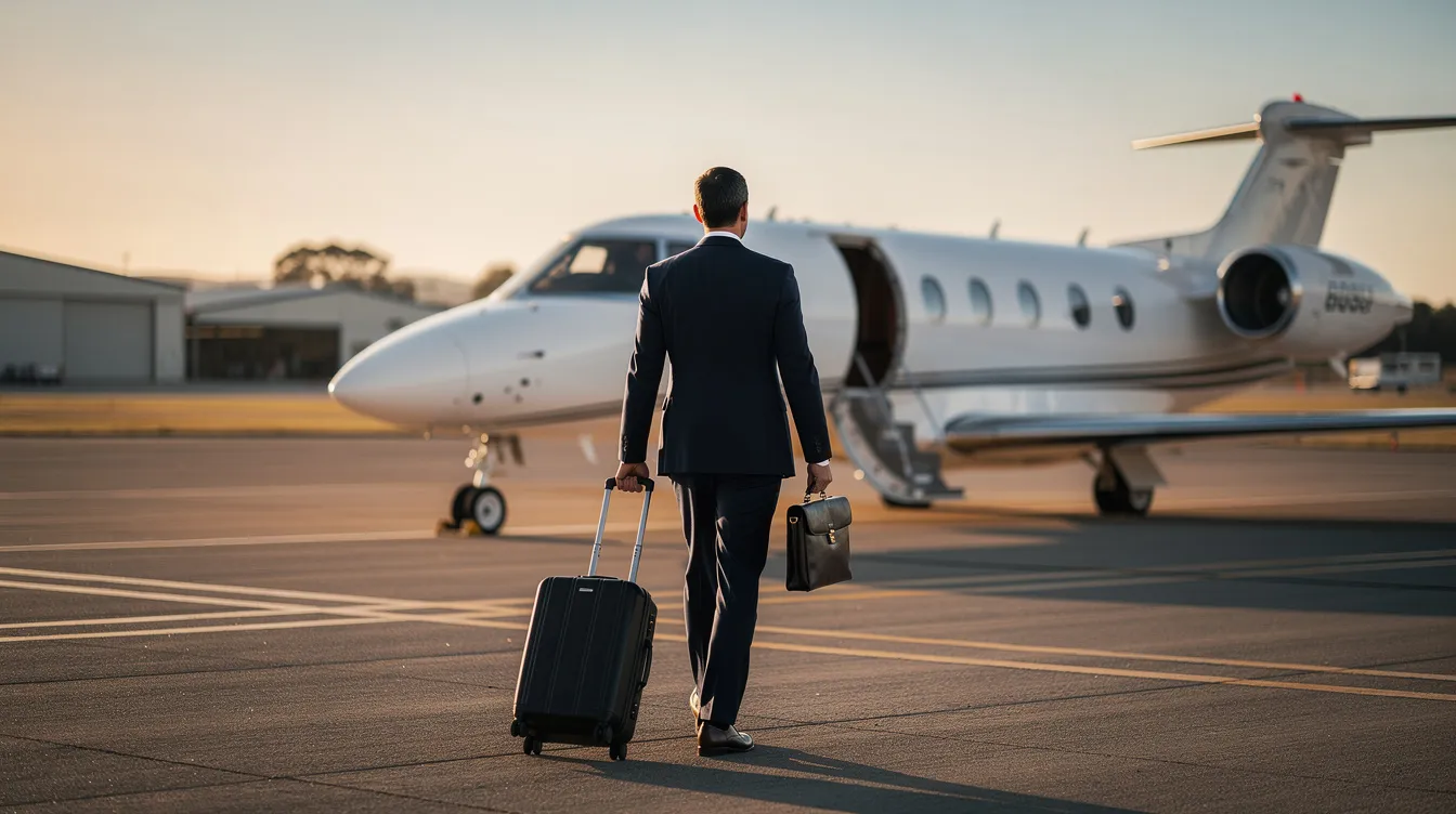 An executive traveler confidently approaches a small private aircraft on a regional airfield, ready to embark on a private flight. The scene highlights the convenience and luxury of flying private, offering a glimpse into the world of charter operators and personalized travel experiences.