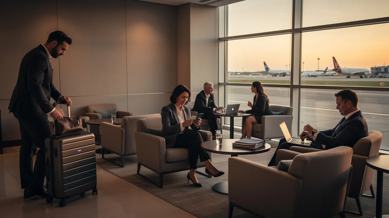 The image depicts a quiet private terminal lounge where travelers are preparing for their departure on private flights. The space is designed for comfort and convenience, offering a serene environment before boarding their private jets.