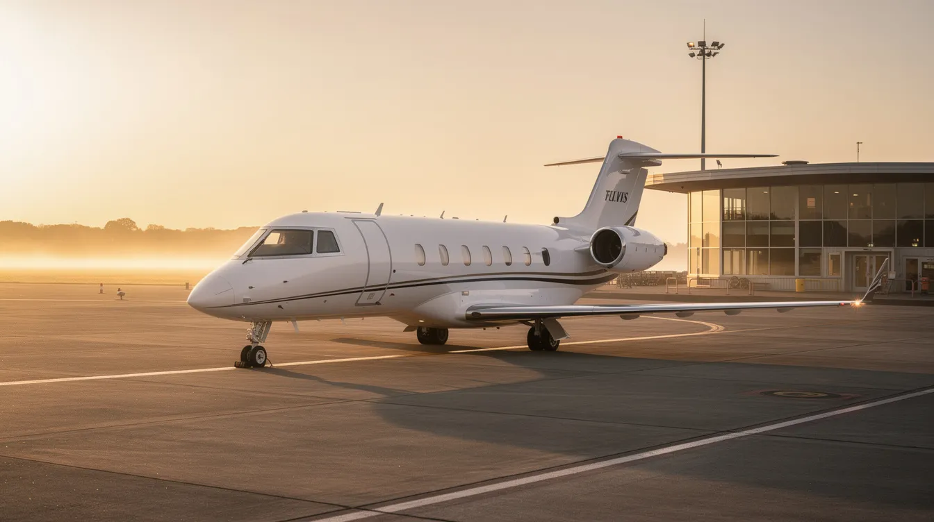 A private jet is parked near a quiet terminal, bathed in the warm light of sunrise, symbolizing the luxury and convenience of flying private. This serene scene highlights the appeal of private jet charters for travelers seeking a tailored and efficient travel experience.