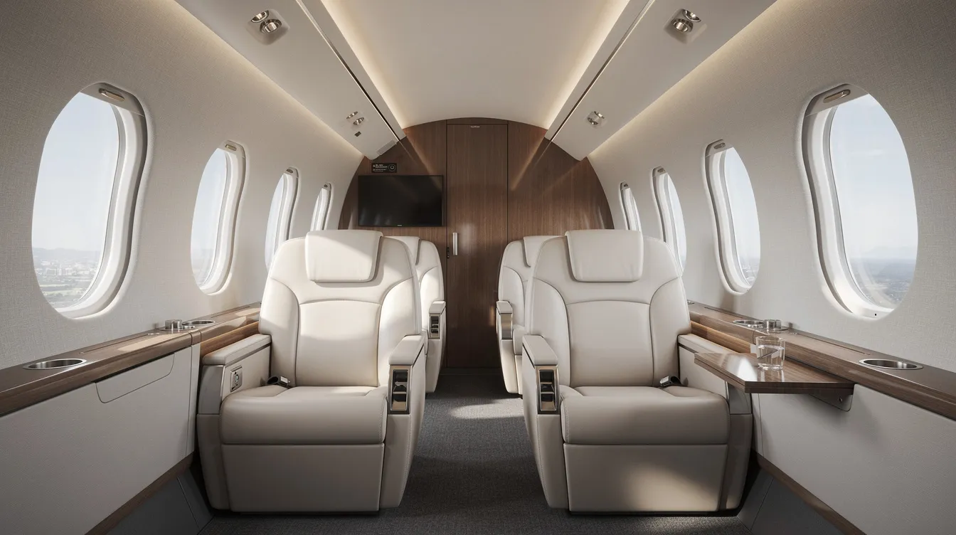 The image depicts a modern private jet cabin featuring sleek, clean seating and ample natural light streaming through oval windows, creating an inviting atmosphere for private jet travel. This luxurious interior highlights the comfort and elegance associated with private jet charter services.