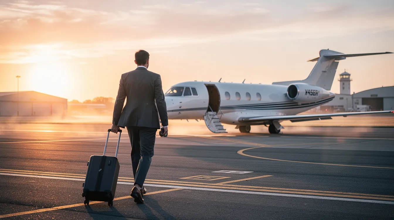 An executive traveler walks toward a small private jet on a quiet regional runway at sunrise, with soft light illuminating the scene. This moment captures the essence of private aviation, highlighting the convenience and exclusivity of private jet travel.