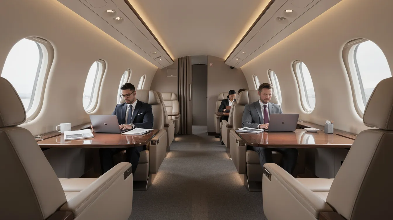 The image depicts a luxurious private jet cabin designed for business travelers, featuring comfortable work seating and an atmosphere conducive to productivity. The spacious interior highlights the elegance of private aviation, offering a calm environment for meetings and relaxation during private flights.