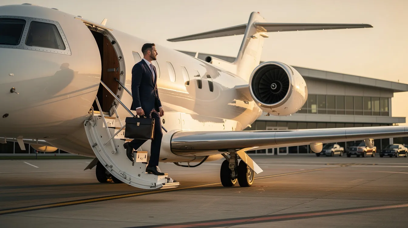 An executive is seen boarding a private jet at a serene private terminal, highlighting the luxury and convenience of private aviation for discerning travelers. The image captures the essence of private jet travel, emphasizing the direct access and efficient services offered in the private aviation industry.