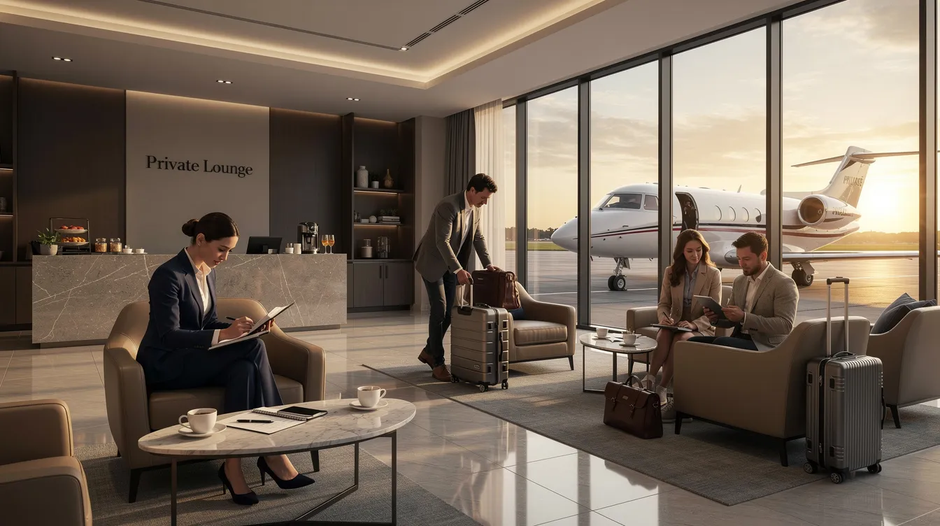 The image depicts a private terminal lounge where passengers are comfortably preparing for their flight on a private jet. The elegant space features spacious seating and amenities, catering to discerning travelers seeking a luxurious travel experience before their private charter departs.